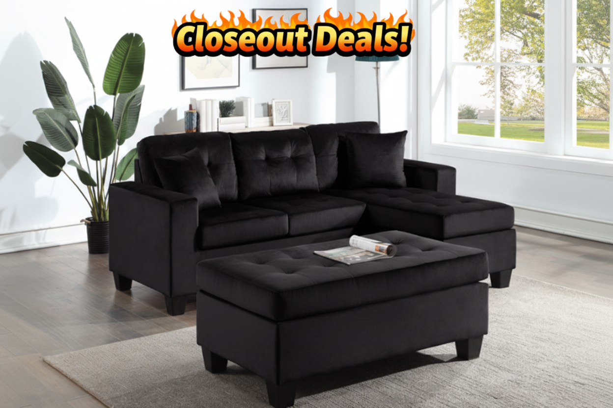 Naomi Black Velvet - Reversible Sectional & Ottoman Set