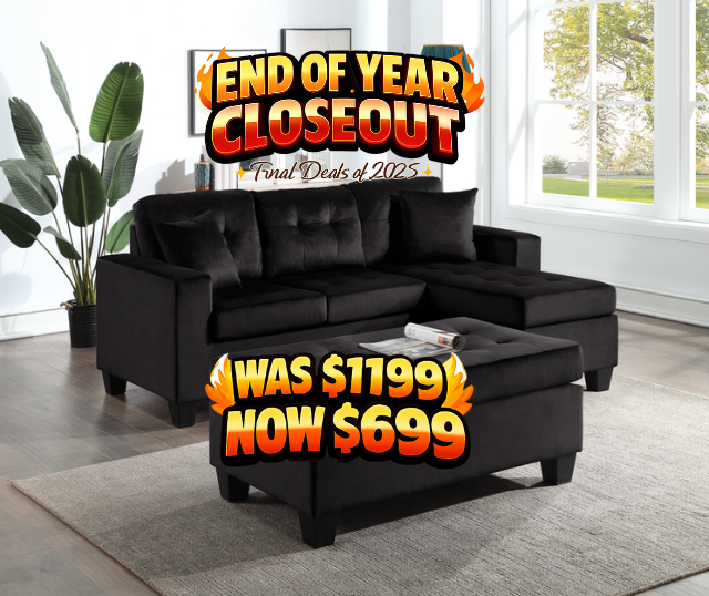 Naomi Black Velvet - Reversible Sectional & Ottoman Set