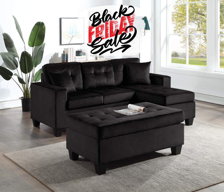 Naomi Black Velvet - Reversible Sectional & Ottoman Set